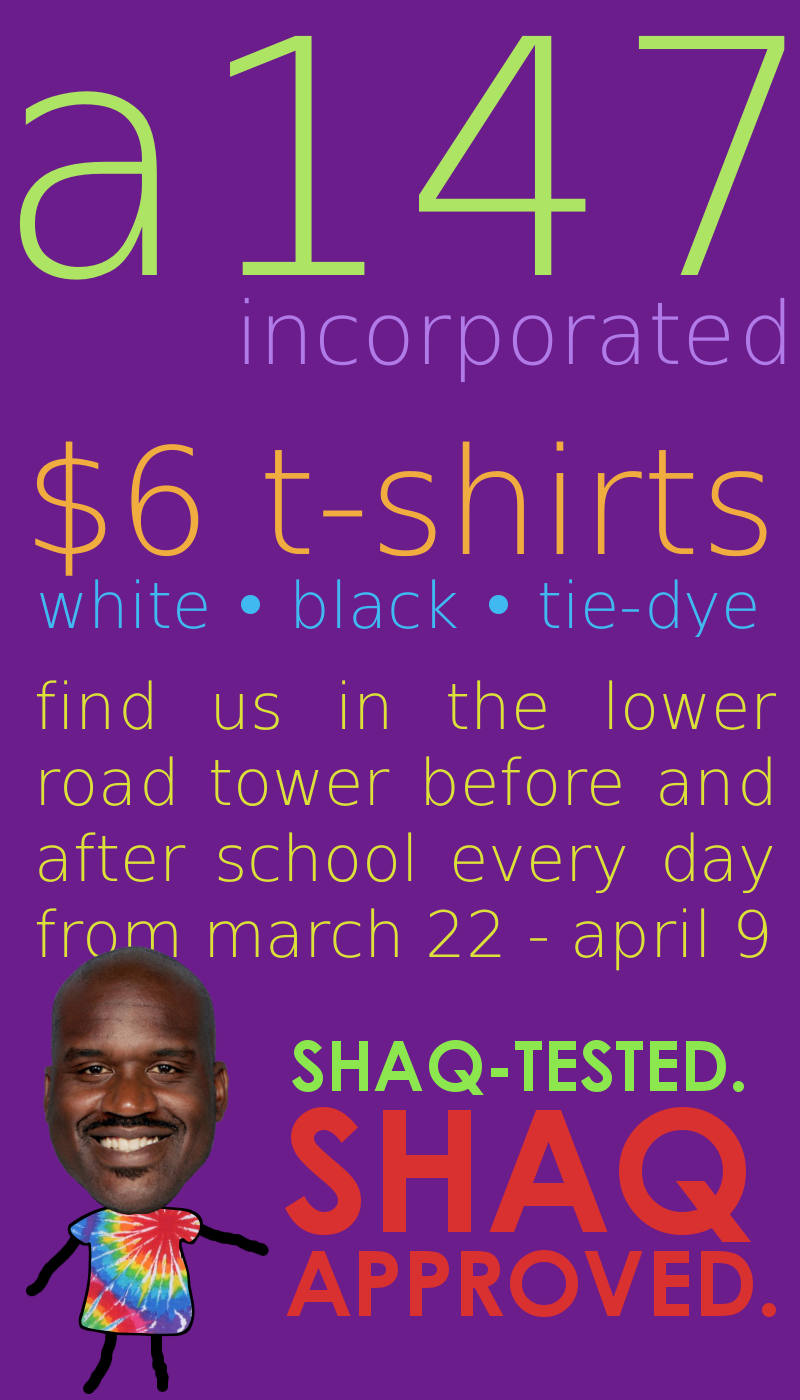 $6 T-Shirts. In the Lower Road Tower before and after school every day now through April 9.